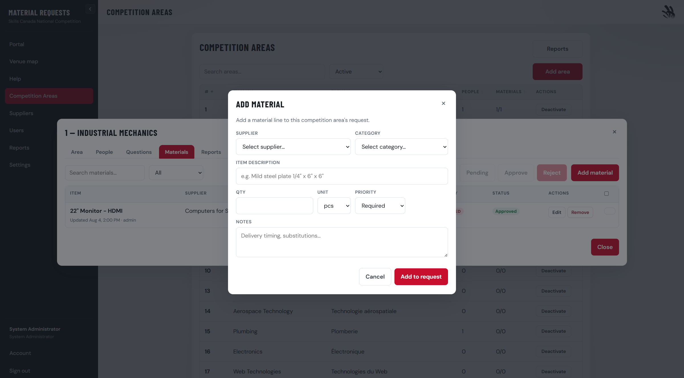 Add material form with supplier category and item fields