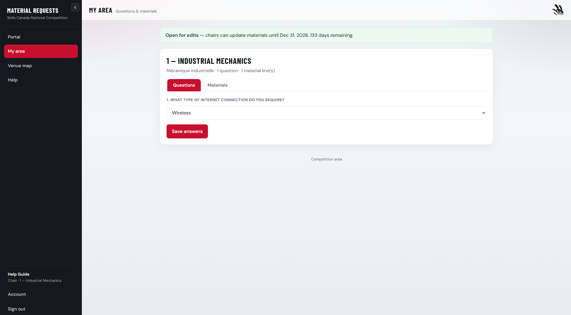 My area questions tab with answer fields
