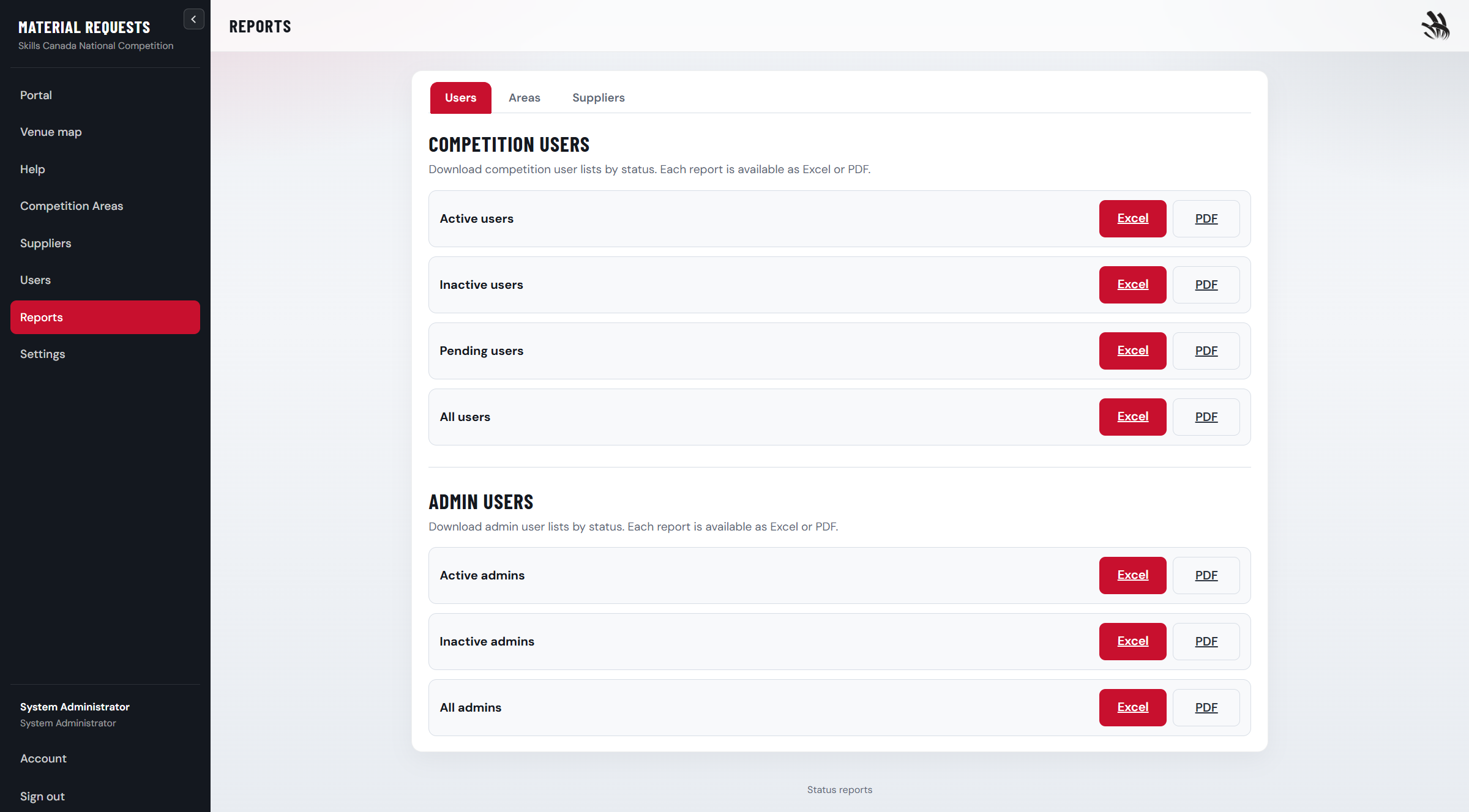 Reports page with download options
