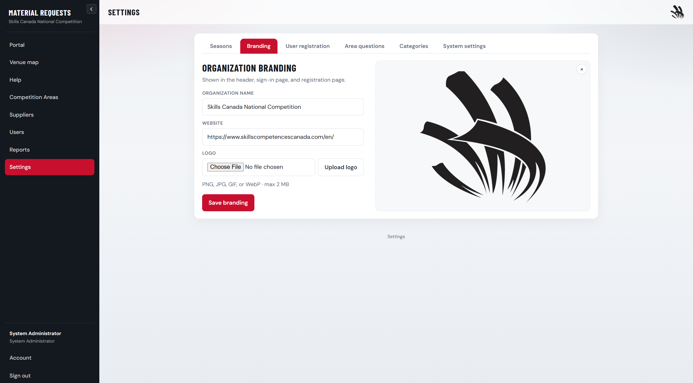 Settings branding tab