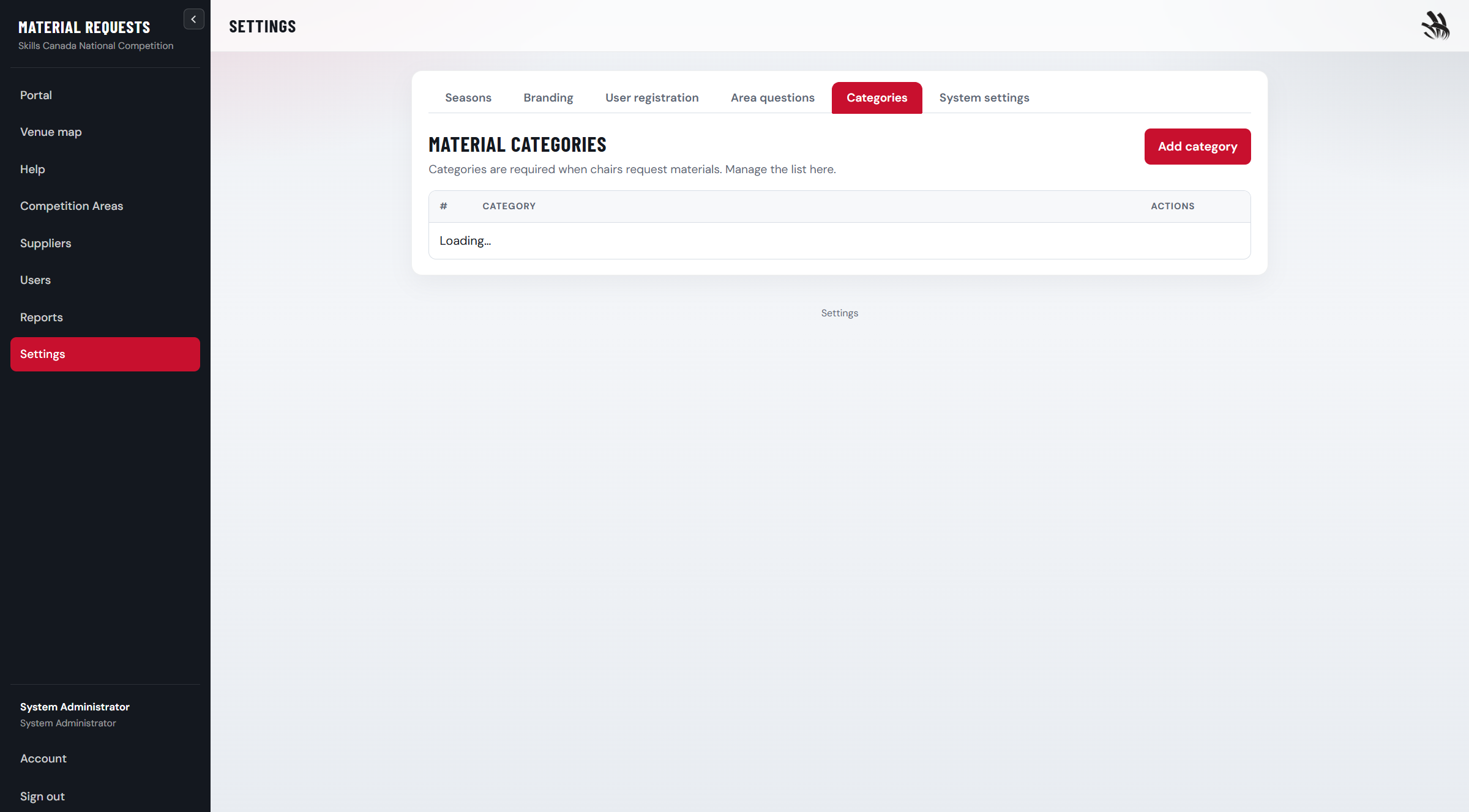 Settings categories tab