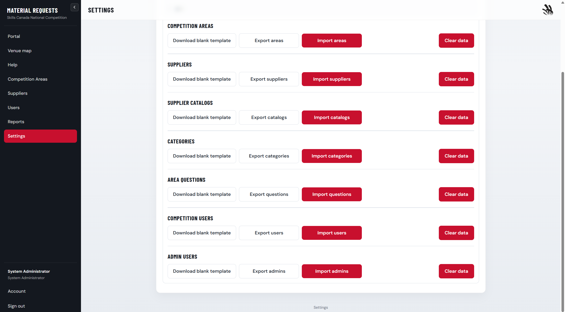 Settings data section with import and export buttons