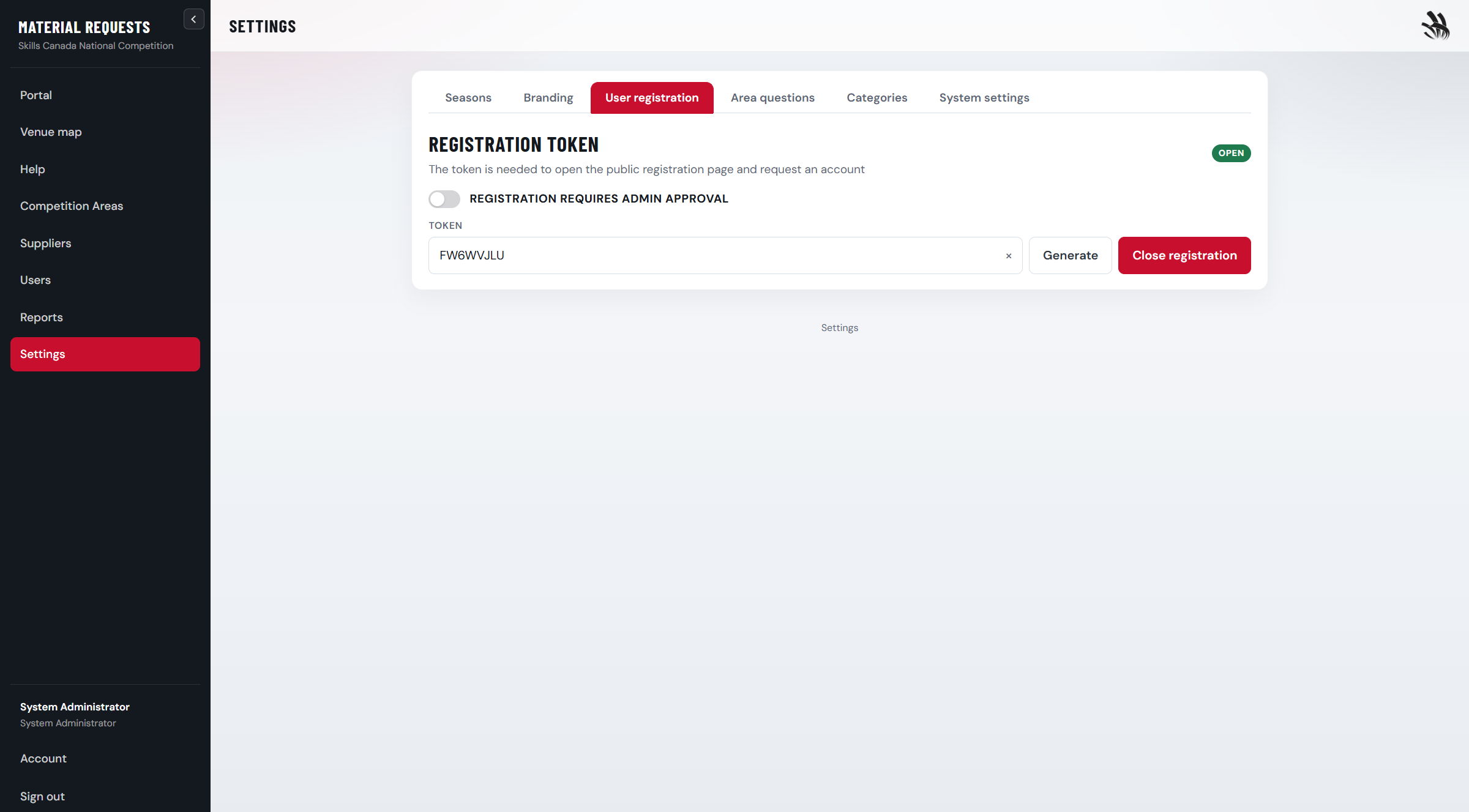 Settings user registration tab with token field